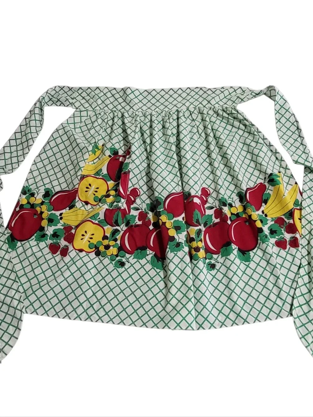 Vintage Handmade Half Apron Fruit Band Green White Grid MCM Kitsch Cottagecore
